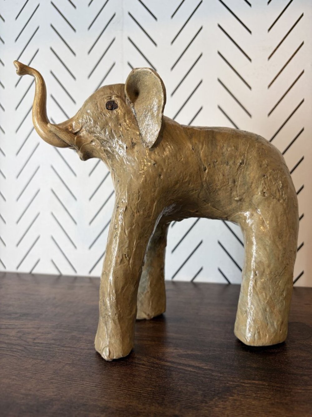 VTG Crushed Oyster Shell Paper Mache Elephant Figurine Trunk Up 8.5 x 9 Folk Art